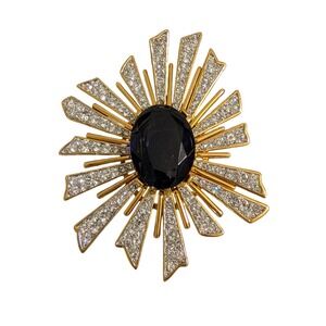 Kenneth Jay Lane art deco Sunburst Brooch Gold Tone Navy Blue Pin Brooche